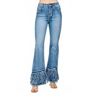 NEW I&M JEANS high rise frayed flare jeans in medium wash
